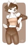  anthro canid canine canis clothing domestic_dog female fur hi_res jacket korean_jindo landlord_(wick) mammal midriff monochrome shirt siden solo spitz tank_top topwear white_body white_fur wick_(artist) 