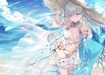  1girl anastasia_(fate/grand_order) bangs beach bikini blue_sky blush breasts fate/grand_order fate_(series) hat kousaki_rui long_hair looking_at_viewer medium_breasts navel open_mouth sarong signature silver_hair sky straw_hat swimsuit thighs very_long_hair white_bikini 