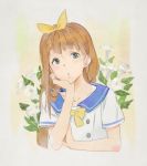  1girl aqua_eyes blouse blue_sailor_collar blush bow eyebrows_visible_through_hair facing_viewer floral_background flower hair_bow hand_on_own_face hibike!_euphonium kamo_kamen light_brown_hair long_hair looking_up sailor_collar solo traditional_media upper_body watercolor_(medium) white_blouse yellow_bow yoshikawa_yuuko 