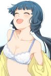  1girl bangs bare_shoulders blue_bra blue_hair blunt_bangs blush bra breasts cleavage closed_eyes collarbone eyebrows_visible_through_hair gradient gradient_background highres hiroki_(yyqw7151) idolmaster idolmaster_million_live! kitakami_reika lace lace-trimmed_bra light_blue_bra long_hair no_navel open_mouth pointy_nose shirt shirt_removed solo twintails underwear yellow_shirt 