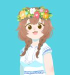  1girl :3 :d blue_background braid brown_hair dress flower head_wreath hololive inugami_korone looking_at_viewer midsommar open_mouth pink_flower red_flower short_hair simple_background smile solo timame_m twin_braids upper_body white_dress yellow_flower 