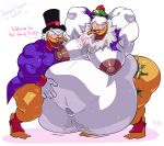  abdominal_bulge absurd_res anatid anseriform anthro avian beard belly big_belly bird bobthetanuki bottomwear clothing digital_media_(artwork) disney duck ducktales duo eyewear facial_hair flintheart_glomgold glasses hat headgear headwear hi_res hypnosis male male/male mammal mind_control nipples ringed_eyes scrooge_mcduck simple_background standing text thick_thighs top_hat 