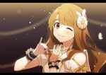  ap_bar blurry blurry_background bow brown_hair bug butterfly butterfly_hair_ornament fingers_together flower hair_flower hair_ornament idol idolmaster idolmaster_million_live! insect jewelry light_particles long_hair looking_at_viewer miyao_miya necklace one_eye_closed red_eyes shoulder_cutout thick_eyebrows wavy_hair 