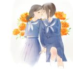  2girls blouse blue_blouse blue_sailor_collar blue_skirt blush bob_cut brown_hair calf_socks closed_eyes facing_another floral_background flower green_eyes hibike!_euphonium kamo_kamen looking_at_another multiple_girls nakaseko_kaori ogasawara_haruka sailor_collar school_uniform short_twintails skirt touching traditional_media twintails watercolor_(medium) white_legwear white_neckwear yuri 