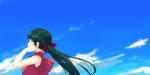 1girl alternate_costume blue_sky casual dated dress from_side green_eyes green_hair hair_ribbon kantai_collection long_hair looking_to_the_side mikuma_(kantai_collection) polka_dot polka_dot_dress red_dress red_ribbon ribbon sky solo takuzui twintails twitter_username upper_body 