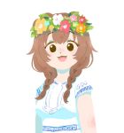  1girl :3 :d braid brown_hair dress flower head_wreath hololive inugami_korone looking_at_viewer midsommar open_mouth pink_flower red_flower short_hair simple_background smile solo timame_m twin_braids upper_body white_background white_dress yellow_flower 