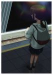  1girl alternate_costume backpack bag black_hair blue_dress casual dress from_behind fubuki_(kantai_collection) full_body grey_backpack hood hooded_sweater kantai_collection loafers low_ponytail shoes short_ponytail sidelocks socks solo sweater timmyyen train_station train_station_platform white_sweater 