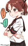  1girl black_sailor_collar black_skirt brown_eyes brown_hair commentary_request cowboy_shot crossed_arms kantai_collection laco_soregashi looking_to_the_side open_mouth pleated_skirt ponytail remodel_(kantai_collection) sailor_collar school_uniform serafuku shikinami_(kantai_collection) simple_background skirt solo translation_request twitter_username white_background 