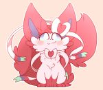  3_toes ambiguous_gender backsash big_ears big_tail black_nose blue_eyes blush canid canine cheek_tuft chest_tuft eeveelution eyebrows facial_tuft fan_character feral fur green_eyes head_tuft mammal nintendo pen_(pd) pok&eacute;mon pok&eacute;mon_(species) red_body red_fur ribbons simple_background sitting solo sylveon tan_background toes tuft video_games white_body white_fur 