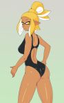  1girl ass bare_shoulders blonde_hair breasts closed_mouth covered_nipples dark_skin domino_mask highres inkling mask medium_hair n-pacer_(splatoon) one-piece_swimsuit over_shoulder pointy_ears simple_background solo splatoon_(manga) splatoon_(series) splatoon_2 suction_cups swimsuit tentacle_hair thwwshark yellow_eyes 