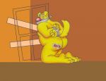  abstract_background anthro bandanna bdsm belly body_hair bondage bound butt butt_hair canid canine canis domestic_dog facial_hair feet fur gag gagged kneeling male mammal nipples overweight red_nose slightly_chubby solo tape veldismalo yellow_body yellow_fur 