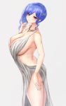  1girl ass azur_lane backless_dress backless_outfit bangs bare_shoulders blue_hair blue_nails bracelet breasts cleavage commentary_request dress earrings evening_gown from_side grey_background grey_dress hair_ornament hairclip halter_dress hand_up highres jewelry kdkaikai large_breasts nail_polish necklace plunging_neckline purple_eyes revealing_clothes side_ponytail sideboob sidelocks silver_dress smile st._louis_(azur_lane) st._louis_(luxurious_wheels)_(azur_lane) thighs 