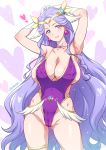 1girl armpits arms_up artist_name bangs blush breasts cleavage clip_studio_paint_(medium) covered_nipples cure_earth healin&#039;_good_precure highres joy_ride large_breasts lavender_hair long_hair looking_at_viewer photoshop_(medium) precure sideboob smile solo thigh_strap wavy_hair 
