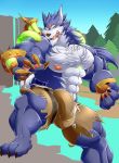  2019 abs anthro bottomwear bulge canid canine canis chest_tuft claws clothed clothing daikitei fangs fur genital_outline grey_body grey_fur hi_res looking_at_viewer male mammal muscular muscular_male nipples outside portrait solo step_pose topless torn_clothing tuft warwick_(lol) were werecanid werecanine werewolf wolf 
