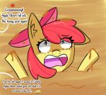  apple_bloom_(mlp) artiks bow dialogue english_text equid equine female feral friendship_is_magic hair hasbro hi_res honey horse mammal my_little_pony open_mouth pony red_hair sinking text yellow_body young 