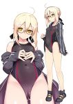  1girl ahoge artoria_pendragon_(all) bangs bare_shoulders black_footwear black_jacket black_ribbon black_swimsuit blonde_hair braid breasts collarbone covered_navel fate/grand_order fate_(series) french_braid full_body glasses hair_ribbon highleg highleg_swimsuit highres jacket legs long_hair long_sleeves looking_at_viewer multiple_views mysterious_heroine_x_(alter) namonashi off_shoulder one-piece_swimsuit open_clothes open_jacket ribbon shoes simple_background small_breasts sneakers swimsuit white_background yellow_eyes 