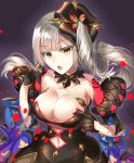  1girl absurdres acuma bangs bare_shoulders black_dress black_gloves breasts cleavage collarbone dark_persona dress fate/grand_order fate_(series) gloves hair_ornament half_gloves highres long_hair looking_at_viewer marie_antoinette_(alter)_(fate/grand_order) open_mouth pale_skin petals side_ponytail silver_hair very_long_hair yellow_eyes 