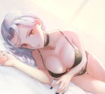  1girl bangs bare_shoulders bikini black_bikini blush breasts carmilla_(fate/grand_order) carmilla_(swimsuit_rider)_(fate) choker cleavage closed_mouth collarbone curly_hair fate/grand_order fate_(series) forehead highres large_breasts long_hair looking_at_viewer lying on_side orange_eyes otsukemono parted_bangs photoshop_(medium) swimsuit thighs white_hair 