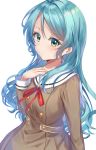  1girl absurdres bang_dream! bangs blue_hair brown_dress closed_mouth commentary_request dress eyebrows_visible_through_hair green_eyes highres hikawa_sayo long_hair long_sleeves looking_at_viewer looking_away neck_ribbon red_ribbon ribbon sailor_collar sailor_dress simple_background solo torokeru_none very_long_hair white_background white_sailor_collar 