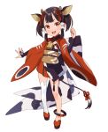  1girl :d animal_ears animal_print bell black_footwear black_hair blush bridal_gauntlets brown_eyes commentary_request cow_ears cow_girl cow_horns cow_print cow_tail cowbell full_body hair_tubes hand_up highres horns japanese_clothes kimono long_sleeves looking_at_viewer obi original red_kimono sash simple_background single_thighhigh smile solo standing tail thighhighs twintails white_background white_legwear wide_sleeves yuko_(uc_yuk) 