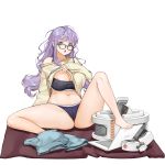  1girl bangs barefoot english_text feet full_body green_eyes highres last_origin long_hair looking_at_viewer messy_hair navel nipple_slip nipples official_art open_mouth purple_hair rorobomb shorts shorts_removed sitting solo sports_bikini sweater t-9_gremlin tachi-e transparent_background 