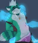  anthro bdsm biped bodily_fluids bulge canid canine clothing cum cum_inflation disembodied_hand ear_piercing fingers fur genital_fluids ghost_hands green_body green_fur group hair hi_res inflation male male/male mammal pache_riggs piercing rope simple_background solo_focus underwear 
