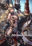  1girl arena armor azhang bare_shoulders bikini_armor blonde_hair boots breasts copyright_request cowter gauntlets half-closed_eyes halterneck headpiece highres lips navel photoshop_(medium) red_eyes solo sword thigh_boots thighhighs weapon wind 
