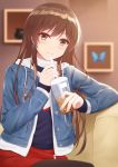  1girl arm_rest bangs blue_jacket blue_shirt blush brown_eyes brown_hair bubble_tea bug butterfly buttons closed_mouth couch crossed_legs cup denim denim_jacket earrings eyebrows_visible_through_hair fingernails food hair_between_eyes highres holding holding_food hood hooded_jacket hoodie_tug indoors insect jacket jewelry kanojo_okarishimasu long_hair long_sleeves looking_at_viewer mizuhara_chizuru multicolored multicolored_clothes nail_polish pantyhose pocket red_skirt rko_(a470350510) shirt sidelocks sitting skirt smile solo star_(symbol) star_earrings upper_body white_hood zipper zipper_pull_tab 