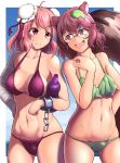  2girls animal_ears bandaged_arm bandages bare_shoulders bikini blue_background blush border breasts brown_eyes brown_hair collarbone commentary_request cuffs eyebrows_visible_through_hair fang frown futatsuiwa_mamizou glasses gourd green_bikini hand_on_hip highres ibaraki_kasen leaf leaf_on_head looking_at_another medium_breasts multiple_girls navel nioti open_mouth pince-nez pink_eyes pink_hair purple_bikini raccoon_ears raccoon_tail rimless_eyewear shackles short_hair small_breasts string_bikini swimsuit tail touhou white_border 