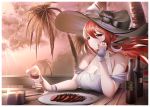  1girl azur_lane breasts cocktail_dress cup dress drinking_glass evening gdat hat holding holding_cup large_breasts long_hair looking_at_viewer monarch_(azur_lane) monarch_(simple_white_grandeur)_(azur_lane) palm_tree purple_eyes red_hair see-through solo summer sun_hat thighlet tree white_headwear wine_glass 
