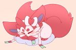  ambiguous_gender backsash big_ears big_tail black_nose blush canid canine cheek_tuft eeveelution eyebrows eyes_closed facial_tuft fan_character feral fur head_tuft mammal nintendo pen_(pd) pillow pok&eacute;mon pok&eacute;mon_(species) red_body red_fur resting ribbons simple_background sleeping solo sylveon tan_background tuft video_games white_body white_fur 
