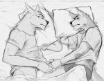  2019 absurd_res anthro bed bedding black_nose blanket canid canine canis clothing duo eyebrows frown furniture greyscale half-closed_eyes hand_holding hi_res looking_at_another lying male male/male mammal monochrome narrowed_eyes navel pillow repzzmonster shirt sleeping topwear underwear wolf 