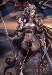  1girl armor armored_boots ass_visible_through_thighs azhang bare_shoulders black_eyes black_hair boots contrapposto cowter fantasy flag gauntlets helmet highres knight lips navel original pauldrons photoshop_(medium) shoulder_armor solo standard_bearer sword thigh_boots thighhighs war weapon 