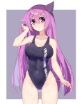  1girl :3 animal_ears black_swimsuit border breasts cat_ears collarbone competition_swimsuit covered_navel ddt_(darktrident) facing_viewer grey_background hair_ornament hairclip highleg highleg_swimsuit highres large_breasts long_hair medium_breasts one-piece_swimsuit original purple_eyes purple_hair solo standing swimsuit two-tone_background white_border 