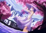  1girl alternate_costume bare_shoulders braid breasts dress eyebrows_visible_through_hair hair_between_eyes hat hat_ribbon highres kami_jigen_game_neptune_v lavender_hair long_hair looking_away mountain neptune_(series) novus_rue outdoors purple_eyes pururut ribbon single_braid small_breasts solo tree very_long_hair 