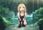  1girl blonde_hair breasts cleavage fish gloves highres long_hair mouth_hold solo tank_top tugo twintails water wet yellow_eyes 