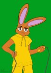  2020 anthro bodily_fluids bottomwear brown_body brown_fur bunnielovesyou clothed clothing fur green_background hi_res hoodie jump_rope jump_rope_challenge lagomorph leporid male mammal nintendo rabbit shorts simple_background smile smirk solo standing sweat topwear video_games watermark yellow_clothing 