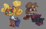  2020 accessory activision anthro bandicoot bent_over blonde_hair brown_body brown_fur chips_(food) clothing coco_bandicoot computer crash_bandicoot_(series) eating female fingerless_gloves flower flower_in_hair food footwear fur gloves green_eyes grey_background hair hair_accessory hair_tie handwear laptop mammal marsupial multicolored_body multiple_poses overalls pink_clothing pink_footwear pink_shoes plant ponytail pose shirt shoes short_tail simple_background sitting sneakers solo tabuley tan_body tan_fur topwear two_tone_body video_games white_clothing white_shirt white_topwear 