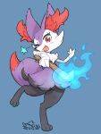  1girl alternate_color animal_ear_fluff animal_ears artist_name blue_background blue_fire blush braixen collaboration colorized commentary_request dated fang fire fox_ears fox_tail full_body furry gen_6_pokemon hand_up happy highres holding jpeg_artifacts leg_up light_blush looking_at_viewer mizuki_kotora no_humans one_eye_closed open_mouth outstretched_arm paws pokemon pokemon_(creature) red_eyes shiny_pokemon signature simple_background skin_fang smile solo standing standing_on_one_leg star_(symbol) stary_neko stick tail 