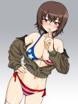  1girl alternate_costume american_flag_bikini ass_visible_through_thighs bikini breasts brown_jacket cleavage commentary cowboy_shot eyebrows_visible_through_hair finger_to_mouth flag_print girls_und_panzer gradient gradient_background grey_background half-closed_eyes hand_on_hip jacket large_breasts long_sleeves looking_at_viewer navel nishizumi_maho no_pants off_shoulder oosaka_kanagawa parted_lips partially_unzipped saunders_military_uniform shushing side-tie_bikini skindentation smile solo standing swimsuit thighhighs white_legwear 