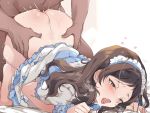  1boy 1girl all_fours ass ass_grab bangs blue_dress blush brown_eyes brown_hair clothed_female_nude_male commentary_request doggystyle dress frills hetero idolmaster idolmaster_million_live! kitazawa_shiho long_hair maid_headdress nonoyama nude one_eye_closed panties panty_pull parted_bangs pink_panties saliva sex sheet_grab solo_focus sweat tongue tongue_out top-down_bottom-up underwear 