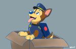  backpack badge box brown_body brown_eyes brown_fur canid canine canis chase_(paw_patrol) clothing collar cute_fangs domestic_dog feral fur german_shepherd herding_dog male mammal open_mouth pastoral_dog paw_patrol police_dog police_hat police_uniform rex100 solo tongue tongue_out uniform young 