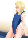  1boy blonde_hair blue_swimsuit bulge clip_studio_paint_(medium) commentary_request competition_swimsuit covered_navel crossdressing green_eyes highleg highleg_swimsuit highres long_hair looking_to_the_side low_ponytail murst one-piece_swimsuit original otoko_no_ko sidelocks sitting solo swimsuit 