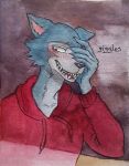  absurd_res anthro beastars blush canid canine canis clothing comic embarrassed fur giggle hi_res holographic_consumer hoodie humor laugh legoshi_(beastars) male mammal multicolored_body multicolored_fur onomatopoeia painting_(artwork) solo sound_effects text topwear traditional_media_(artwork) two_tone_body two_tone_fur watercolor_(artwork) wolf y63367038 