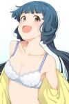  1girl :d armpits bangs bare_shoulders blue_bra blue_hair blunt_bangs blush bow bow_bra bra breasts brown_eyes cleavage collarbone eyebrows_visible_through_hair gradient gradient_background highres hiroki_(yyqw7151) idolmaster idolmaster_million_live! kitakami_reika lace lace-trimmed_bra long_hair looking_at_viewer low_twintails midriff no_navel open_mouth pointy_nose shirt shirt_removed smile solo twintails underwear upper_body yellow_shirt 