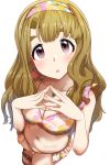  1girl bangs bare_shoulders bikini blunt_bangs blurry blush breasts cleavage collarbone depth_of_field floral_print frilled_bikini frills from_above hairband hands_up highres idolmaster idolmaster_million_live! large_breasts light_brown_hair long_hair looking_at_viewer miyao_miya multicolored multicolored_bikini multicolored_clothes navel open_mouth run_p_(aveton) sandals simple_background solo steepled_fingers swimsuit thick_eyebrows tongue white_background 