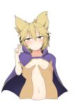  1girl absurdres agu_(antyosan) bangs blonde_hair blush breasts cape closed_mouth earmuffs eyebrows_visible_through_hair frown hair_between_eyes hair_twirling highres navel nude pointy_hair purple_cape short_hair simple_background small_breasts solo_focus sweat touhou toyosatomimi_no_miko white_legwear yellow_eyes 