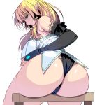 ass ass_focus bare_shoulders black_panties blonde_hair blue_eyes breasts detached_sleeves elf from_behind highres huge_ass huge_breasts long_hair masao original panties photoshop_(medium) pointy_ears simple_background sitting thick_thighs thighs underwear white_background 