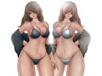  2girls black_bra black_lingerie black_panties bra breasts brown_eyes brown_hair couple cravat hands_on_own_back huge_breasts kkktakeda large_breasts lingerie long_hair multiple_girls open_clothes open_shirt original panties smile thick_thighs thighs underwear white_bra white_lingerie white_panties 