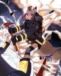  1girl arknights axe black_gloves boots brown_eyes brown_hair explosion fire_axe firefighter gloves helmet highres knee_pads marico shaw_(arknights) squirrel_tail tail traffic_cone 